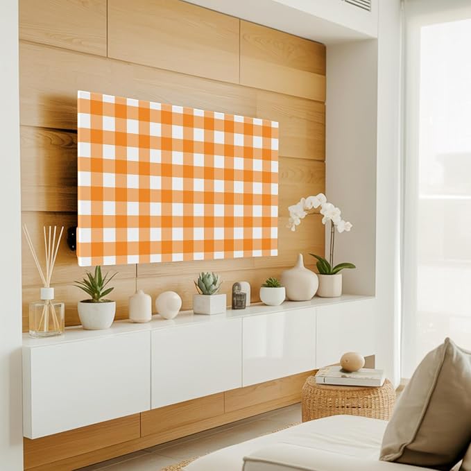 Orange White Buffalo Checker Indoor TV Cover, Elastic TV Screen Protector - Image 2