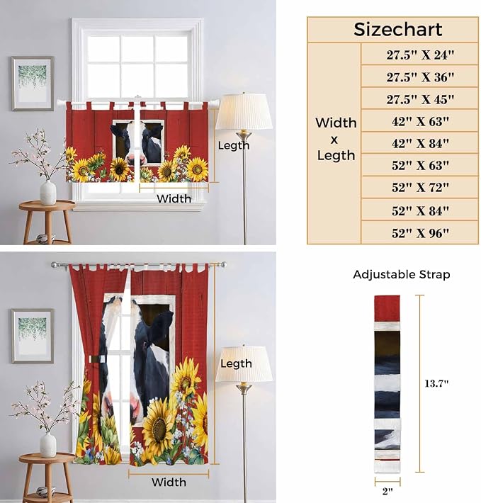 Cow Sunflowers Bedroom Curtains 63 Inch Length, Window Curtains Tab Top - Image 8
