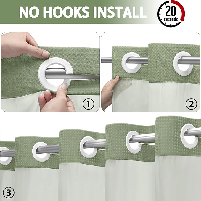No Hook Shower Curtain and Liner Set, Sage Green Hotel Waffle Shower Curtain - Image 2