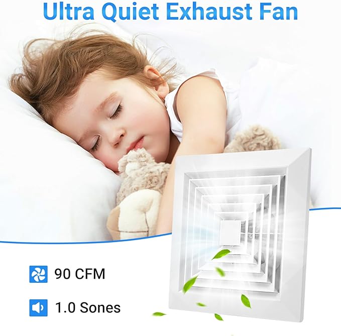 FEITON 90 CFM Bathroom Fan Exhaust Fan Ceiling Mount, 0.95 Sones, Square Quiet - Image 5