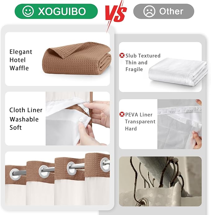 No Hook Shower Curtain and Liner Set, Mocha Brown Hotel Waffle Shower Curtain - Image 5