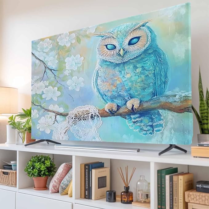 Watercolor Blue Owl Indoor TV Cover, Elastic TV Screen Protector Retro White by Unknown