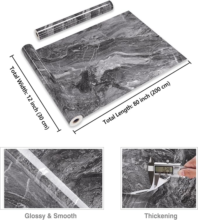 CRE8TIVE 12"x80" Glossy Dark Grey Silver Marble Contact Paper - Image 8