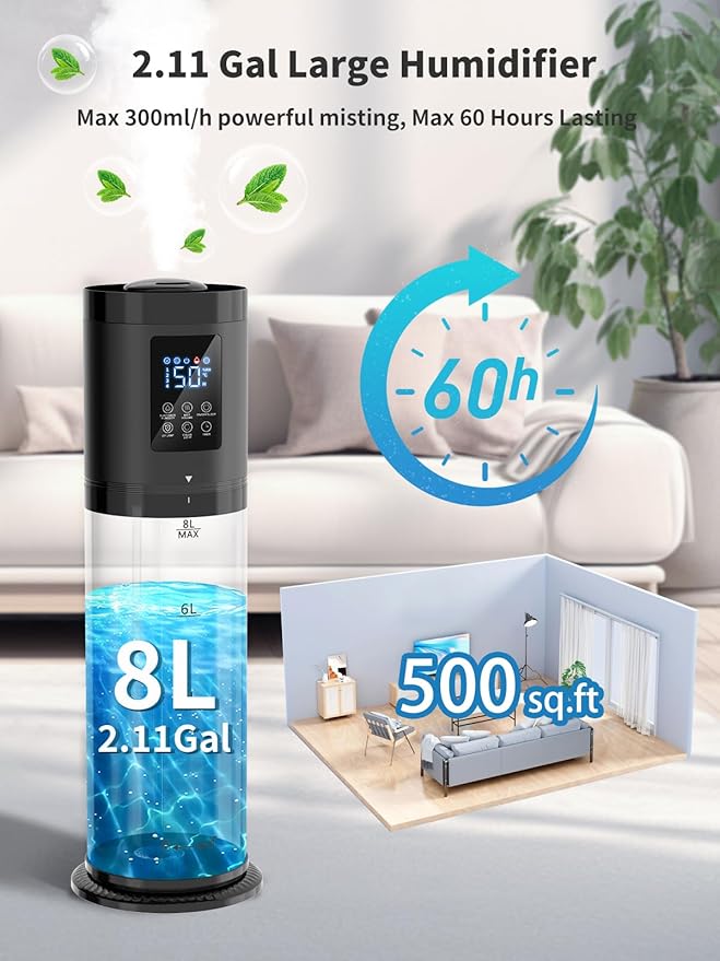 8L Humidifiers for Bedroom, 30dB Quiet, 500ft² Coverage, 60H Runtime, Top Fill - Image 2
