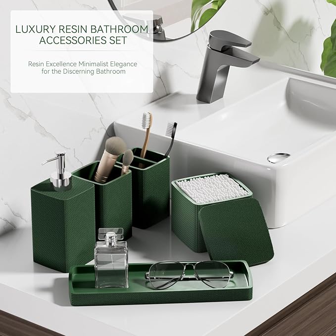 Dark Green Bathroom Accessories Set 5 Pieces, Resin Toothbrush Holders Set - Image 6