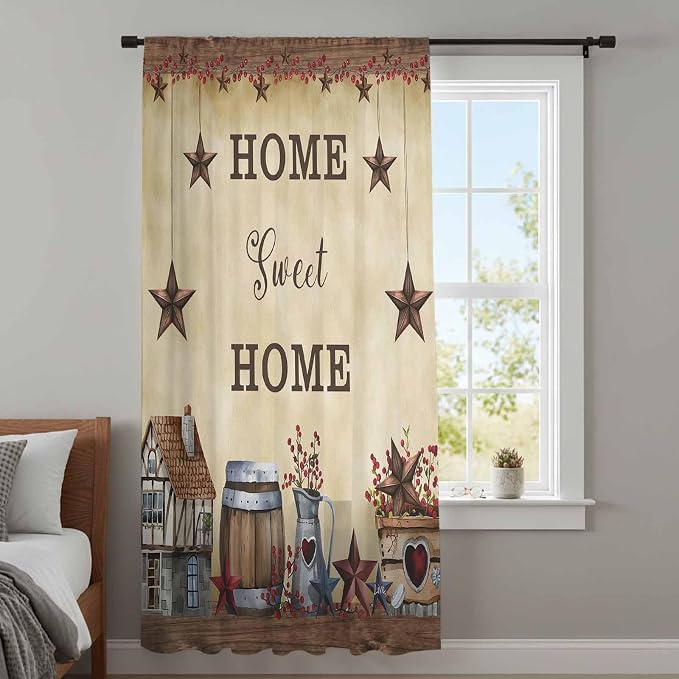 Farm Sheer Curtains 54 Inch Length American Country Barn Star Vintage Berry - Image 4
