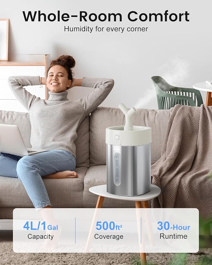 Feekaa Stainless Steel Humidifier Dishwasher Safe, 4L/1Gal Cool Mist Humidifiers - Image 3