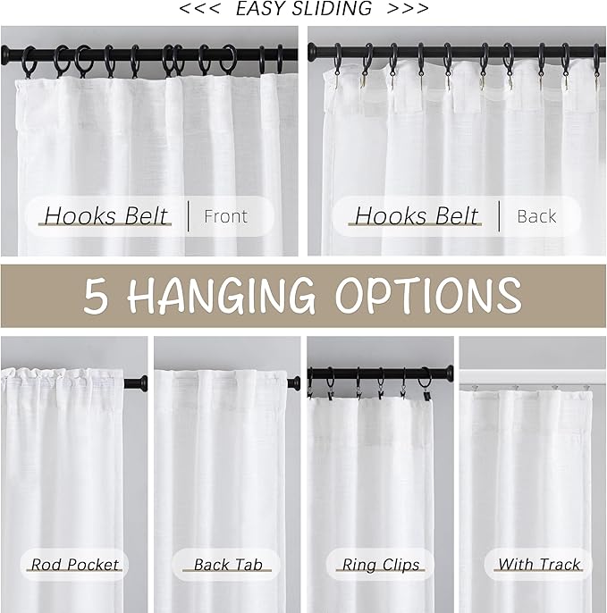 DONREN White Linen Back Tab Curtains 64 Inches Long 2 Panels - Image 3