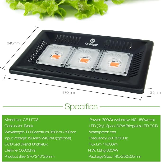 LED Grow Light Full Spectrum, CFGROW Waterproof 300W COB LED Grow Light - Image 5