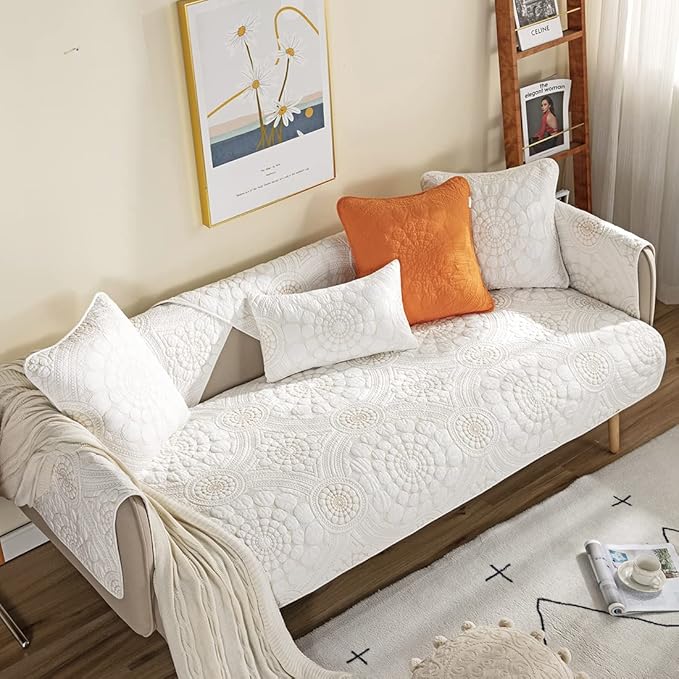 vctops Boho Circle Embroidery Couch Sofa Cover Solid Color Cotton Quilted - Image 3