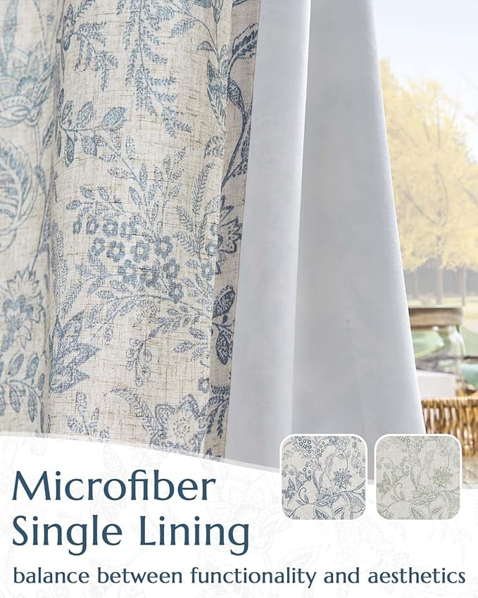 Vangao Lined Linen Curtains for Bedroom Floral Curtains 63 Inches Long Blue - Image 3