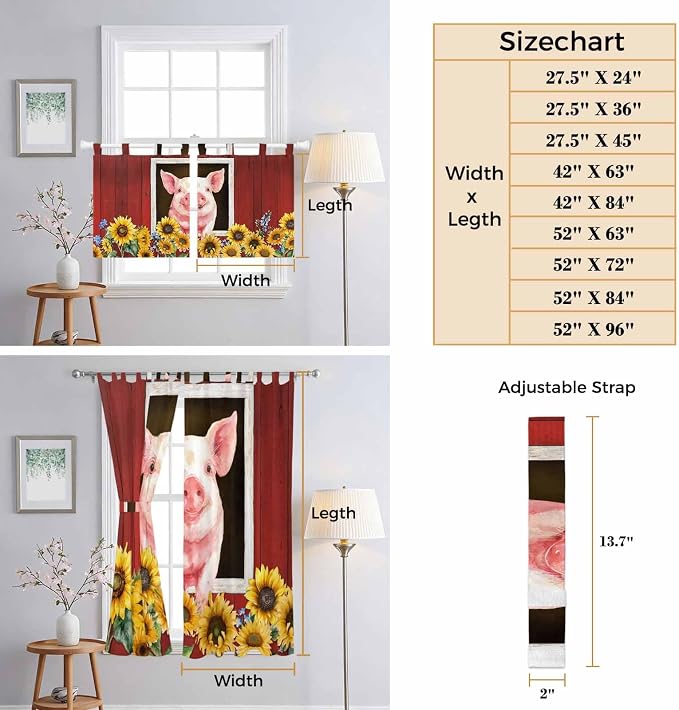 Pigs Sunflowers Bathroom Curtains 63 Inch Length, Window Curtains Tab Top - Image 8