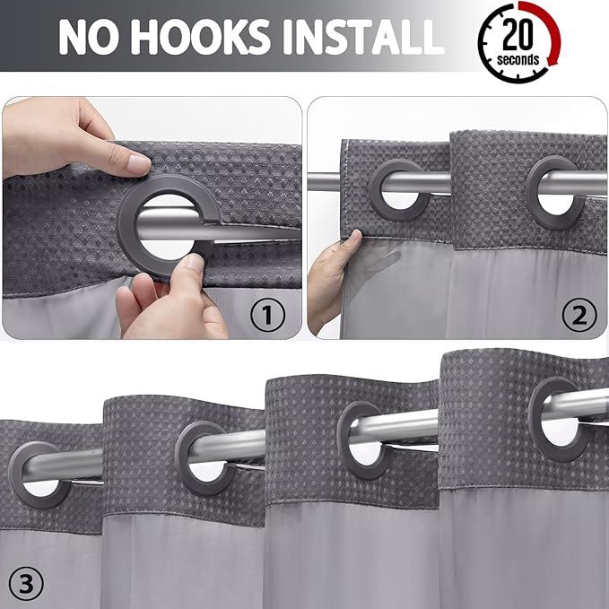 No Hook Shower Curtain and Liner Set, Dark Grey Hotel Waffle Shower Curtain - Image 2