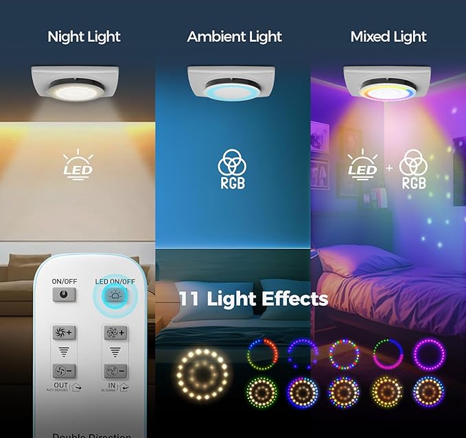 Bathroom Exhaust Fan with Light, 10 RGB Lights 3000 RPM Upgraded 2 Way 6 Speed - Image 3
