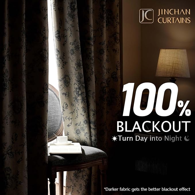 jinchan Blackout Linen Blend Curtain Gray Floral Blackout Curtains - Image 2