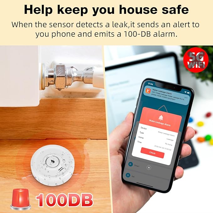 WiFi Water Leak Sensor, 100 dB Water Alarm Leak Detector, - Image 7
