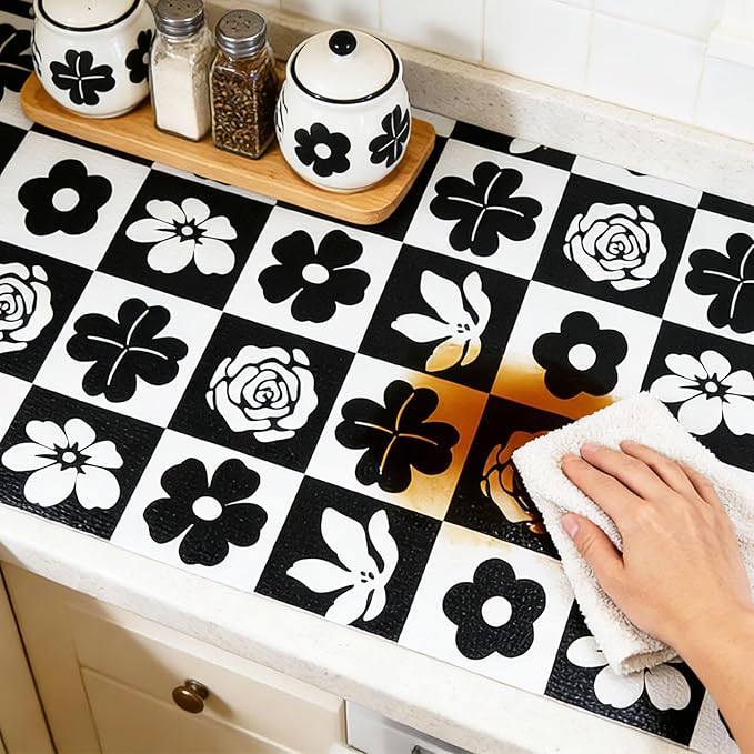 Shelf Liners Non Adhesive Black & White Checkerboard Floral - Image 3