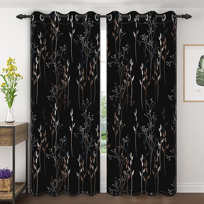 Black Leaves Blackout Curtains 84 Inches, Room Darkening Curtains by Unknown
