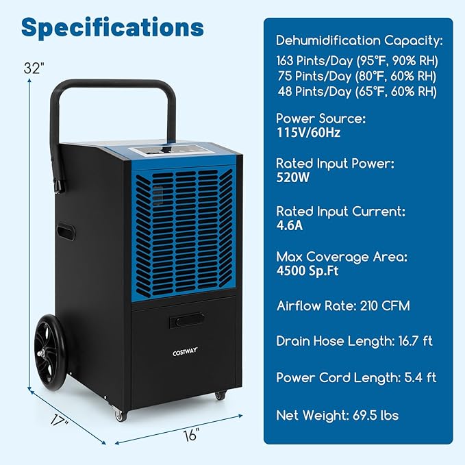 COSTWAY 163 Pints Commercial Dehumidifier, 4500 Sq.Ft Crawl Space Dehumidifier - Image 7