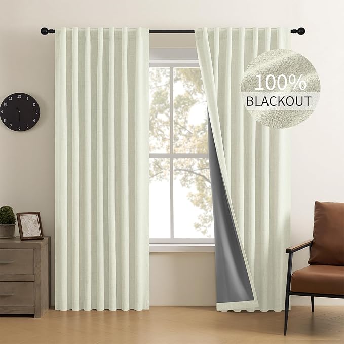CUCRAF Linen 100% Blackout Curtains 63 Inch Length 2 Panels Set, Back Tab and by CUCRAF