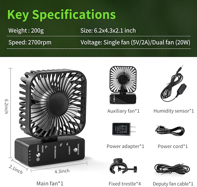 2-Pack 4” Grow Tent Fan With Temperature And Humidity Meter, Automatic Humidity - Image 8