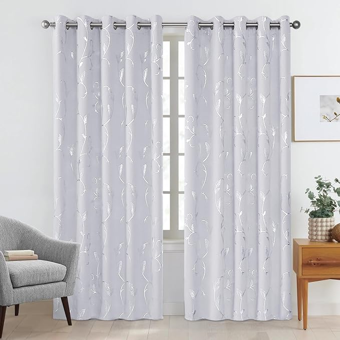 BUHUA Silver Grey Blackout Curtain 2 Panel Set Vine Foil Print Thermal - Image 2