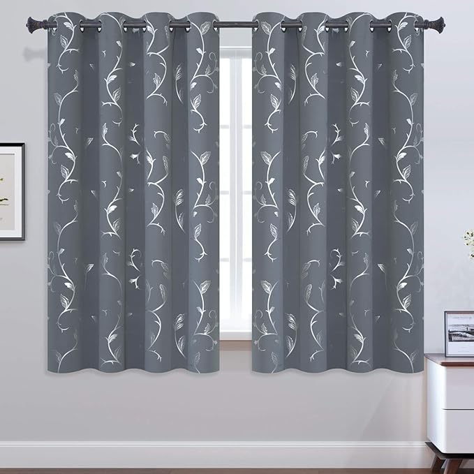 BUHUA Light Grey Floral Print Curtains Silver Wave Vine Pattern Blackout - Image 2
