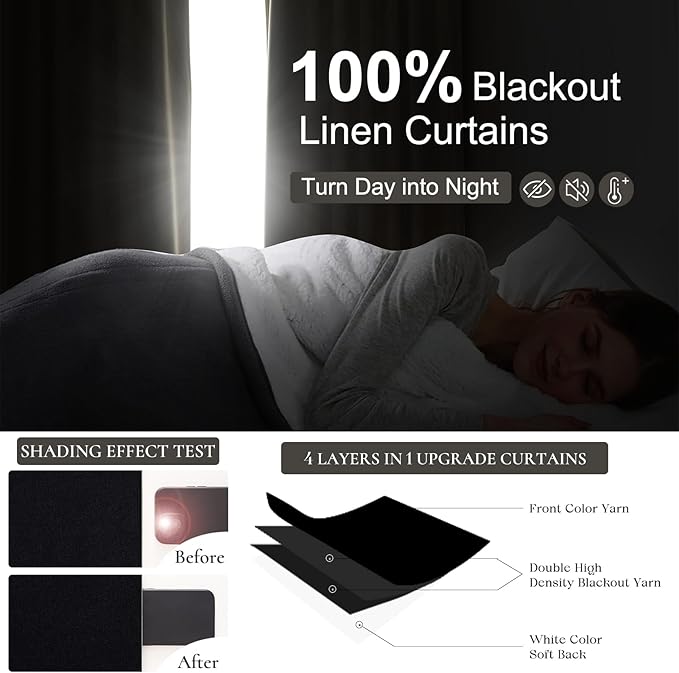 Long Black Blackout Boho Curtains, Linen Darkening Curtains - Image 2