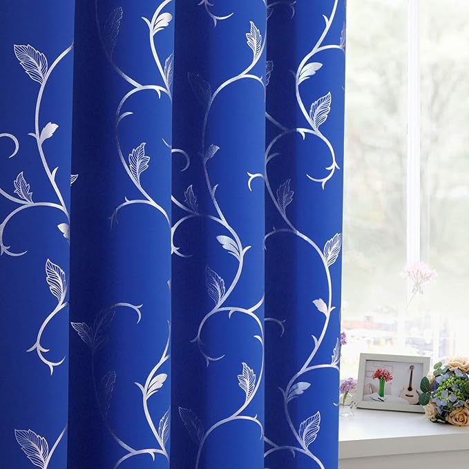 BUHUA Living Room Blue Blackout Window Curtains Silver Beautiful Flower Print - Image 3