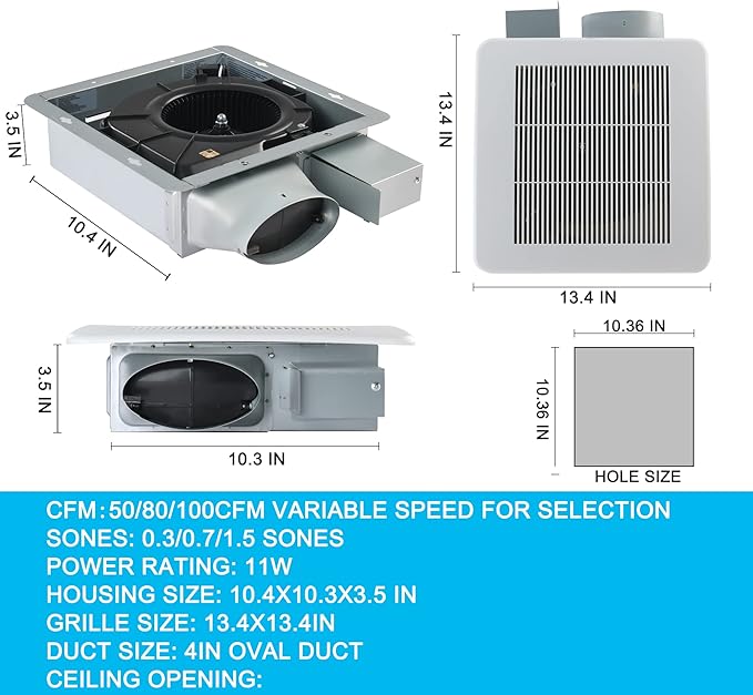 Tech Drive Bathroom fan 50-80-100 CFM DC Energy-Saving Motor, Very Quiet - Image 3