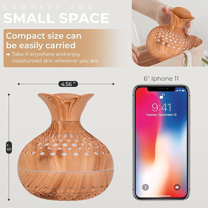 Portable Mini Humidifier, 300ml Wood Grain Vase Small Humidifiers, Quiet Cool - Image 3