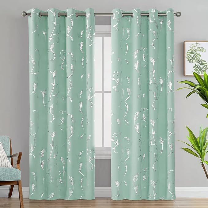BUHUA Aqua Blackout Curtain 2 Panel Set Silver Vine Foil Print Thermal - Image 2