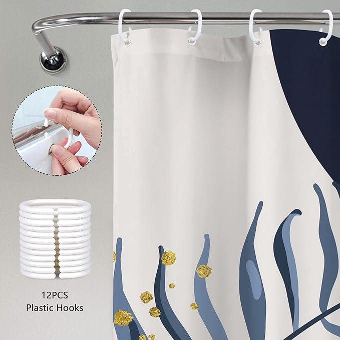 Navy Blue Boho Shower Curtain 72Wx72H Modern Abstract Bohemian Blue Gold Leaves - Image 5