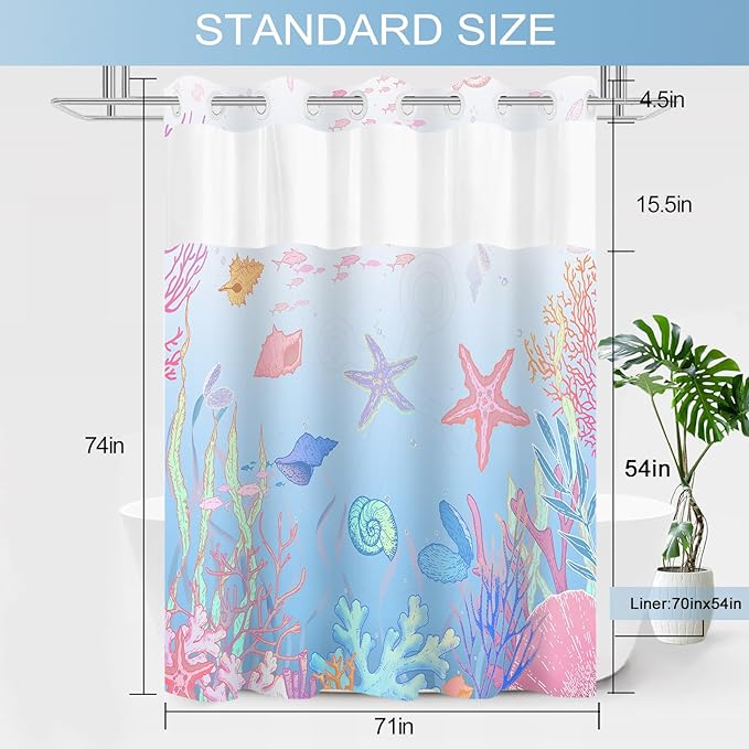 No Hook Shower Curtain with Snap in Liner, Beach Ocean Nautical Coastal Shower - Image 6