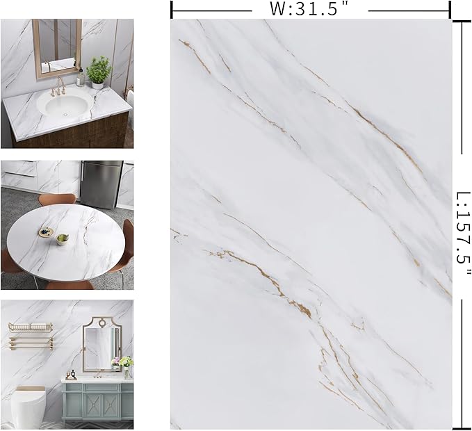 157"x31" Wide Marble Contact Paper White Counter Wrap Vinyl Waterproof Cabinet - Image 7