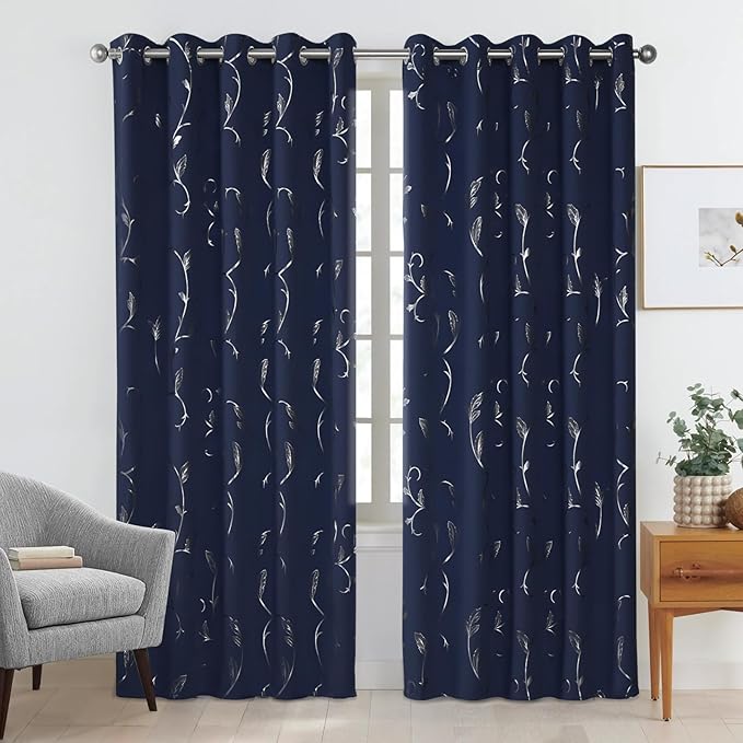 BUHUA Silver Grey Blackout Curtain 2 Panel Set Vine Foil Print Thermal - Image 2