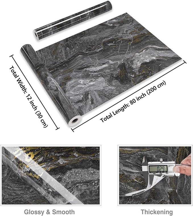 CRE8TIVE Dark Grey Gold Marble Contact Paper 12"x80" Glossy Slate Marble - Image 8