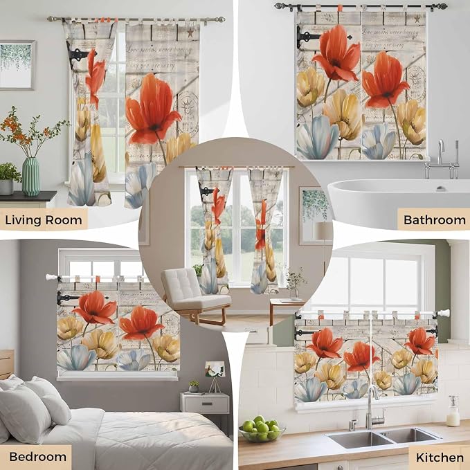 Retro Floral Bathroom Curtains 63 Inch Length, Window Curtains Tab Top - Image 7