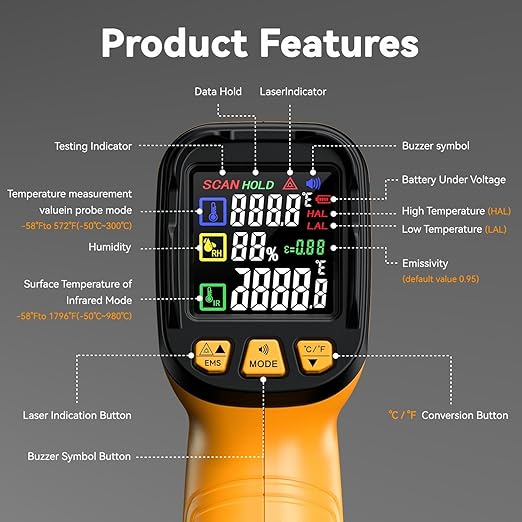 Infrared Thermometer Temperature Gun, 50:1 Dual-Mode Temp Gun -58°F to 1796°F - Image 4