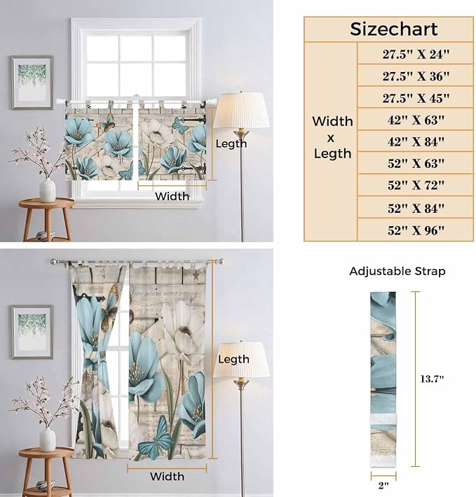 Teal Blue Tulips Kitchen Curtains 24 Inch Length, Small Window Curtains Tab Top - Image 8