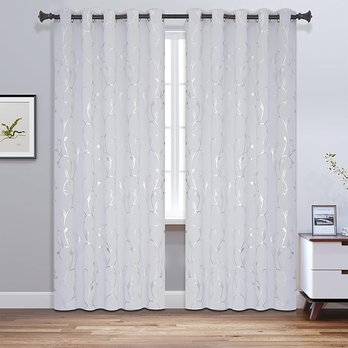 BUHUA Blackout Curtains Silver Foil Print Flower Vine Grommet Drapes, Room - Image 2
