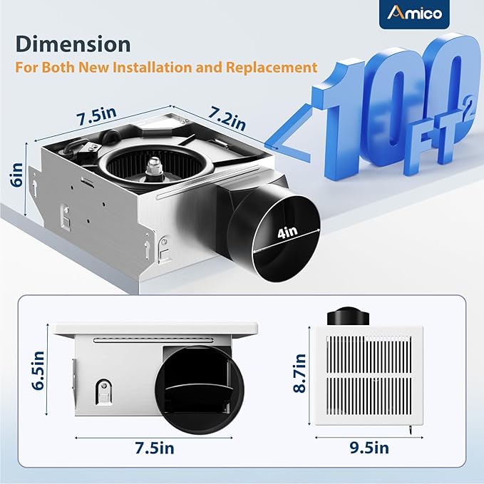 Amico Bathroom Exhaust Fan, 1.5 Sones, 110 CFM, Low Noise, Ceiling Mounted - Image 2
