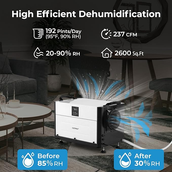 COSTWAY 192 PPD Commercial Dehumidifier, 2600 Sq.Ft Crawl Space Dehumidifier - Image 4