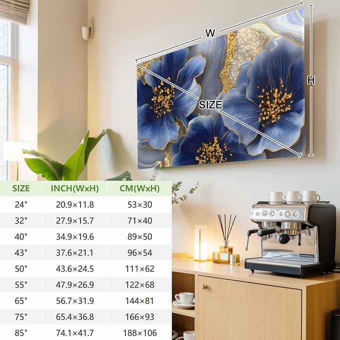 Watercolor Blue Flower Abstract Gold Indoor TV Cover, Elastic TV Screen - Image 4