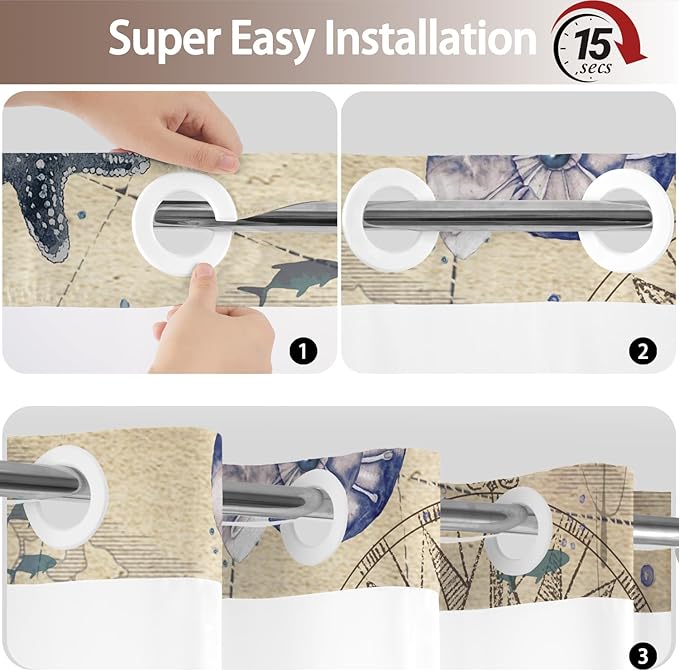 No Hook Shower Curtain with Snap in Liner, Beach Ocean Nautical Coastal Shower - Image 6