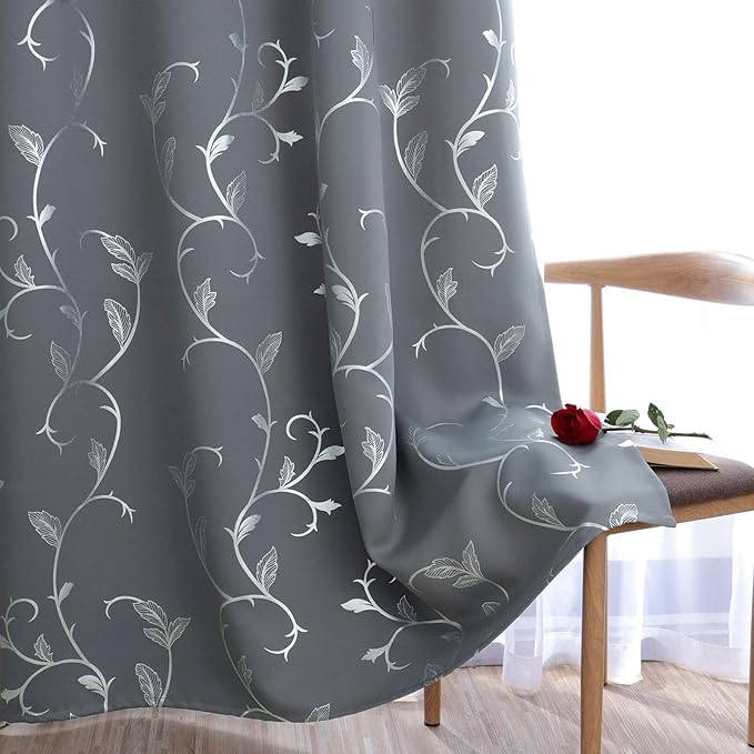 BUHUA Silver Wave Vine Foil Print Grommet Blackout Curtains Panels Room - Image 4