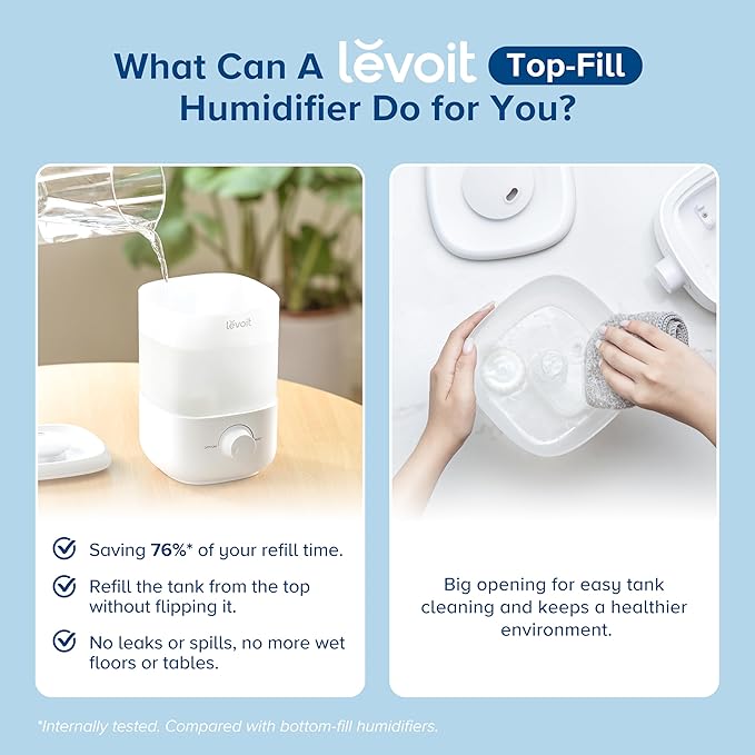 LEVOIT Top Fill Humidifiers for Bedroom, 2.5L Tank for Large Room, 28dB Quiet - Image 3