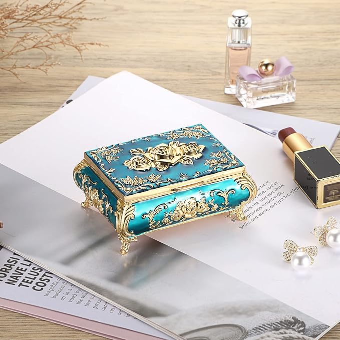 Hipiwe Vintage Metal Jewelry Box Small Treasure Chest Case Trinket Organizer - Image 2