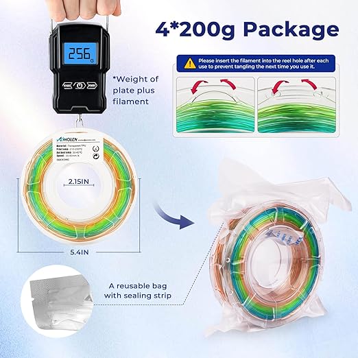 AMOLEN TPU 3D Printer Filament Bundle, Transparent Multicolor Rainbow TPU 1.75mm - Image 7