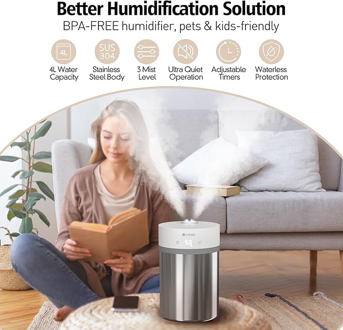 Stainless Steel Humidifier, 4L Ultrasonic Cool Mist Humidifiers - Image 2